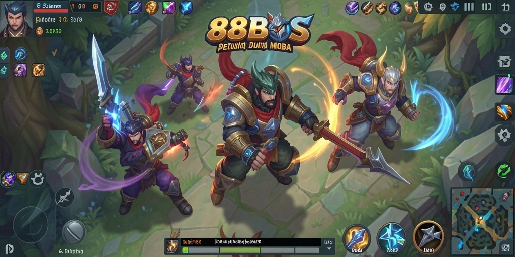 Tampilan seru dalam gameplay MOBA 88BOS dengan aksi pertarungan.
