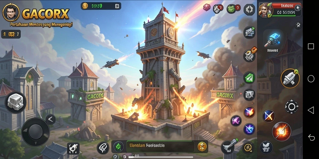 Screenshot GACORX menampilkan aksi pertahanan menara yang seru.