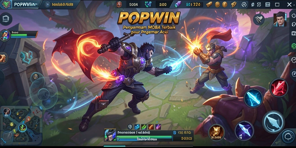 Screenshot utama POPWIN menampilkan aksi pertempuran intens di arena MOBA.