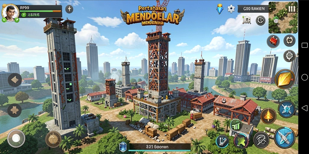 Tampilan gameplay RP99 dengan menara dan musuh yang seru.